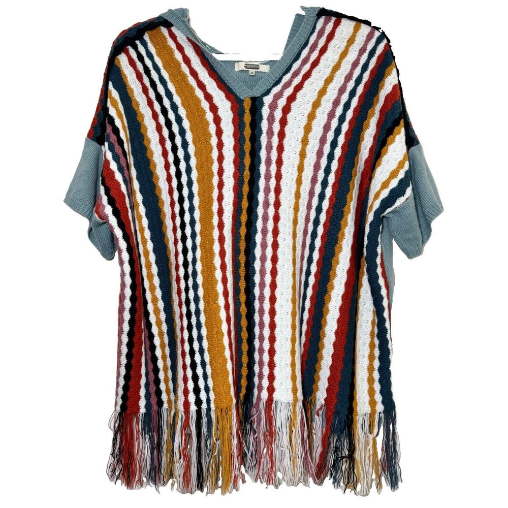 Gimmicks by BKE Striped Hooded Fringe Poncho Sweater Size S Boho